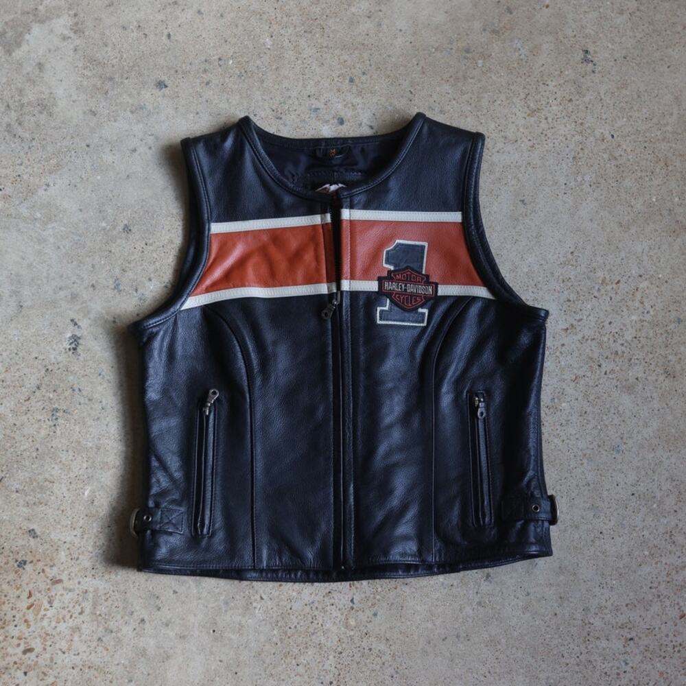 Vintage Harley-Davidson Leather Motorcycle Vest Black Orange Women's Size M